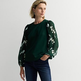 Women's Nine West Mixed Media Puff Sleeve Top