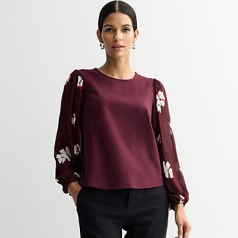 Women's Nine West Mixed Media Puff Sleeve Top