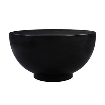 30 Inch Modern Art Coffee Table, Round Drum Shape, Solid Mango Wood, Matte Black
