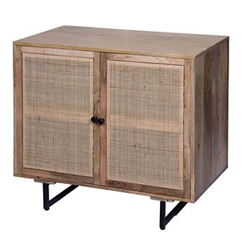 35 Inch Handcrafted Accent Cabinet With 2 Mesh Rattan Doors, Black Iron Legs, Natural Brown