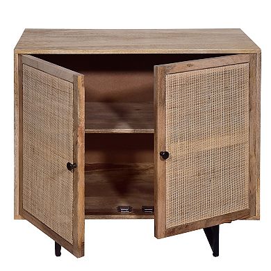 35 Inch Handcrafted Accent Cabinet With 2 Mesh Rattan Doors, Black Iron Legs, Natural Brown