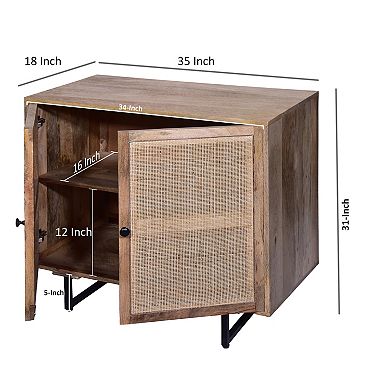 35 Inch Handcrafted Accent Cabinet With 2 Mesh Rattan Doors, Black Iron Legs, Natural Brown