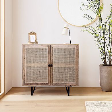 35 Inch Handcrafted Accent Cabinet With 2 Mesh Rattan Doors, Black Iron Legs, Natural Brown