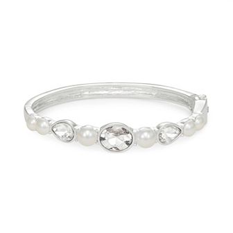 You're Invited Silver Tone Simulated Crystal & Simulated Pearl Bangle Bracelet