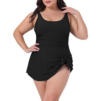 Plus Size Swimdress for Women One Piece Scoop Neck Tummy Control Tie Knot Side Bathing Suits