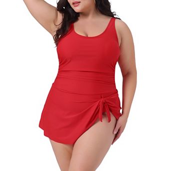 Plus Size Swimdress for Women One Piece Scoop Neck Tummy Control Tie Knot Side Bathing Suits