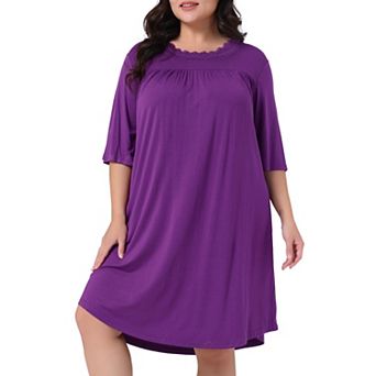 Women's Plus Size Nightgown 3/4 Sleeve Sleepwear Lace Crew Neck Comfy Sleep Gowns Pleated Nightshirt
