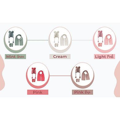 Toddler Knitted Winter Beanie 3 Piece Set With Earflaps For Girls