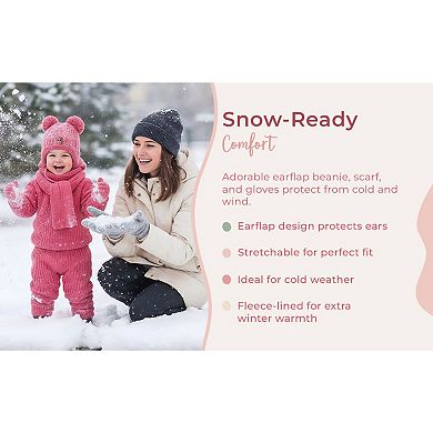 Toddler Knitted Winter Beanie 3 Piece Set With Earflaps For Girls