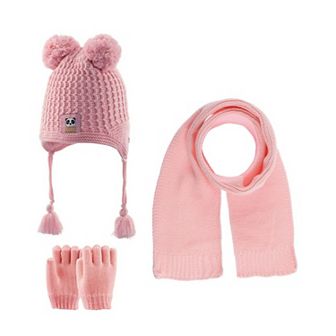 Toddler Knitted Winter Beanie 3 pc Set With Earflaps For Girls