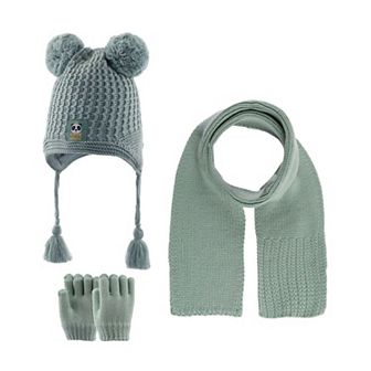 Toddler Knitted Winter Beanie 3 pc Set With Earflaps For Girls