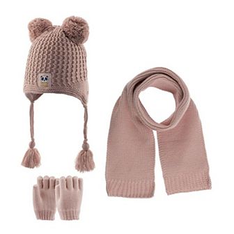 Toddler Knitted Winter Beanie 3 pc Set With Earflaps For Girls