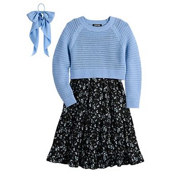 Girls 7-16 Three Pink Hearts 3 pc Popover Sweater, Floral Midi Dress & Bow Set