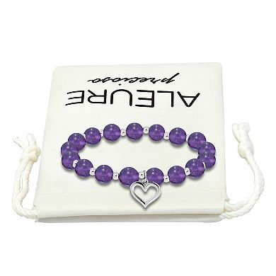 Aleure Precioso Sodalite Beaded Silver Plated and Heart Charm Drop Stretch Bracelet
