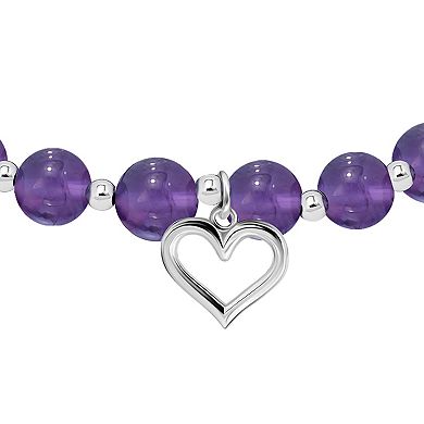 Aleure Precioso Sodalite Beaded Silver Plated and Heart Charm Drop Stretch Bracelet