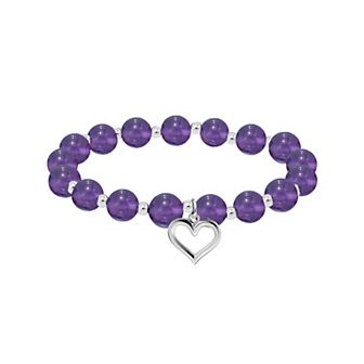 Aleure Precioso Beaded Silver Plated and Heart Charm Drop Stretch Bracelet
