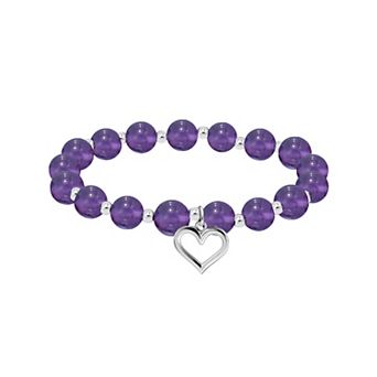 Aleure Precioso Beaded Silver Plated and Heart Charm Drop Stretch Bracelet