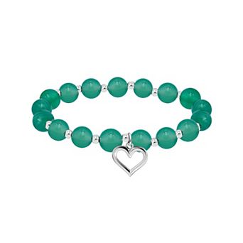 Aleure Precioso Beaded Silver Plated and Heart Charm Drop Stretch Bracelet