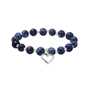 Aleure Precioso Beaded Silver Plated and Heart Charm Drop Stretch Bracelet