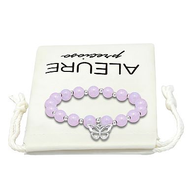 Aleure Precioso Silver Plated Onyx Bead Butterfly Charm Drop Stretch Bracelet