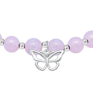 Aleure Precioso Silver Plated Onyx Bead Butterfly Charm Drop Stretch Bracelet
