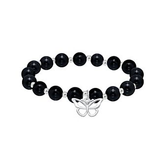 Aleure Precioso Silver Plated Bead Butterfly Charm Drop Stretch Bracelet