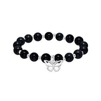 Aleure Precioso Silver Plated Bead Butterfly Charm Drop Stretch Bracelet