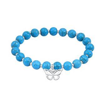 Aleure Precioso Silver Plated Bead Butterfly Charm Drop Stretch Bracelet