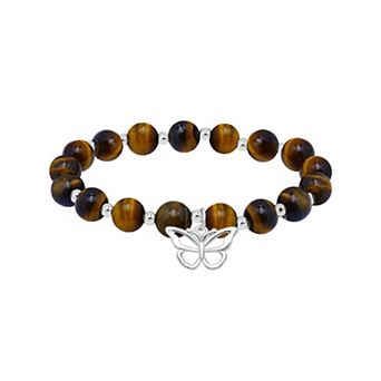 Aleure Precioso Silver Plated Bead Butterfly Charm Drop Stretch Bracelet