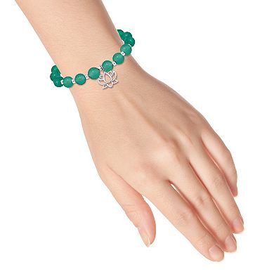 Aleure Precioso Silver Plated Stone Tiger's Eye Beads with Lotus Charm Drop Stretch Bracelet
