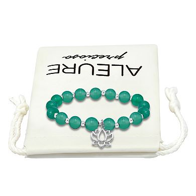 Aleure Precioso Silver Plated Stone Tiger's Eye Beads with Lotus Charm Drop Stretch Bracelet