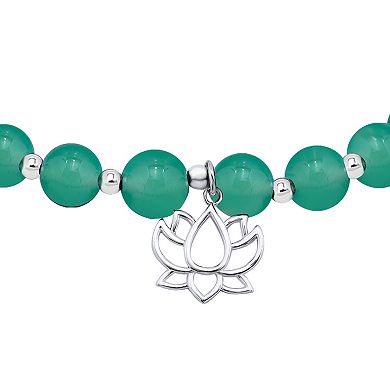 Aleure Precioso Silver Plated Stone Tiger's Eye Beads with Lotus Charm Drop Stretch Bracelet
