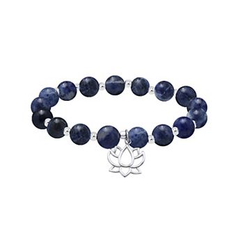 Aleure Precioso Silver Plated Stone Beads with Lotus Charm Drop Stretch Bracelet