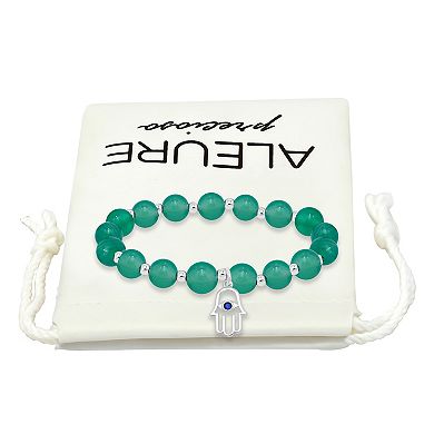 Aleure Precioso Silver Plated Howlite Chryscolla Bead Hamsa Charm Drop Stretch Bracelet