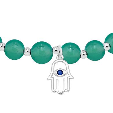 Aleure Precioso Silver Plated Howlite Chryscolla Bead Hamsa Charm Drop Stretch Bracelet