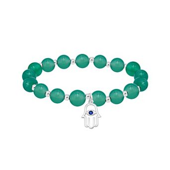 Aleure Precioso Silver Plated Bead Hamsa Charm Drop Stretch Bracelet