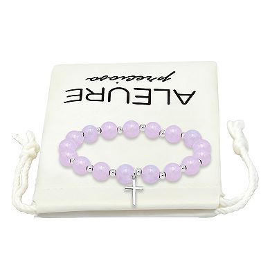 Aleure Precioso Silver Plated Rose Quartz Bead Cross Charm Drop Stretch Bracelet