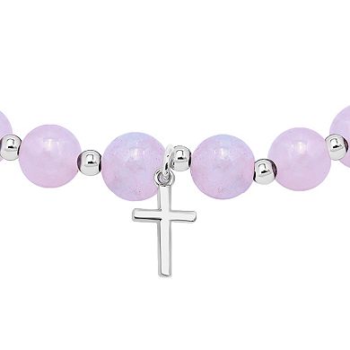 Aleure Precioso Silver Plated Rose Quartz Bead Cross Charm Drop Stretch Bracelet