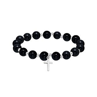Aleure Precioso Silver Plated Bead Cross Charm Drop Stretch Bracelet