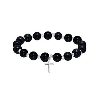 Aleure Precioso Silver Plated Bead Cross Charm Drop Stretch Bracelet