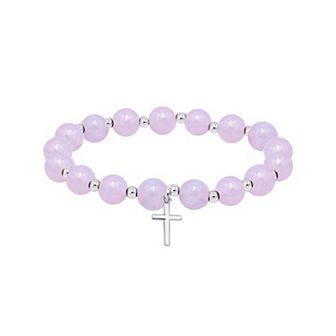 Aleure Precioso Silver Plated Bead Cross Charm Drop Stretch Bracelet