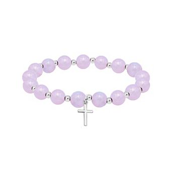 Aleure Precioso Silver Plated Bead Cross Charm Drop Stretch Bracelet