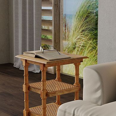 Carolina Living Wood & Cane 3 Shelf Side Table