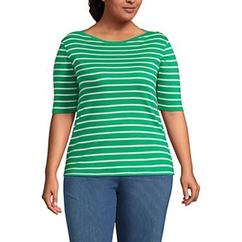Plus Size Lands' End Elbow Sleeve Boatneck Button Shoulder Tee