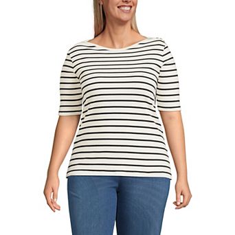 Plus Size Lands' End Elbow Sleeve Boatneck Button Shoulder Tee