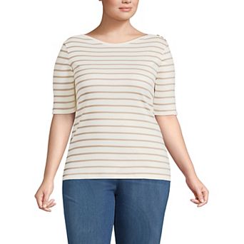 Plus Size Lands' End Elbow Sleeve Boatneck Button Shoulder Tee