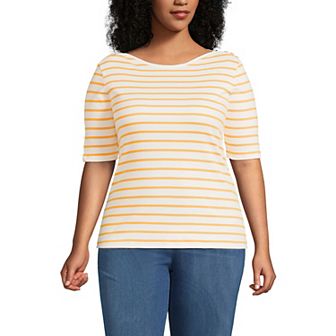 Plus Size Lands' End Elbow Sleeve Boatneck Button Shoulder Tee