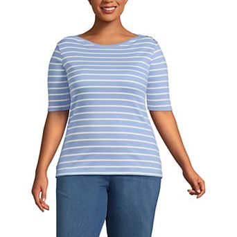 Plus Size Lands' End Elbow Sleeve Boatneck Button Shoulder Tee