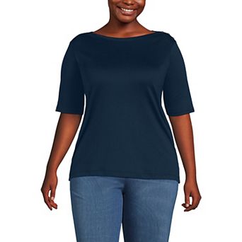 Plus Size Lands' End Elbow Sleeve Boatneck Button Shoulder Tee