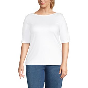 Plus Size Lands' End Elbow Sleeve Boatneck Button Shoulder Tee